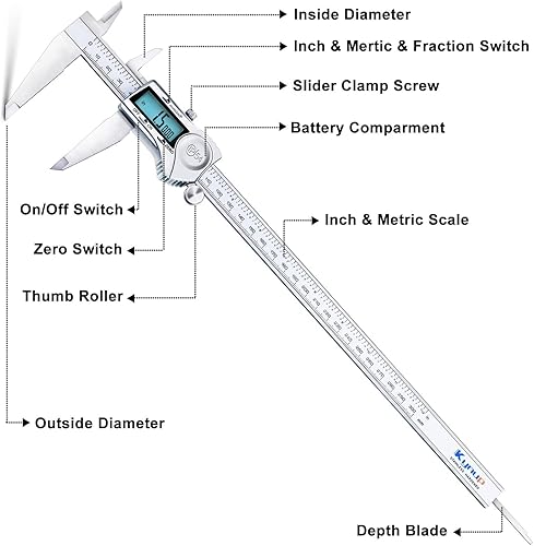 Kynup 0-12 Inch Digital Caliper, Caliper Measuring Tool with Stainless Steel, IP54 Waterproof Protection Design, Easy Switch from Inch Metric Fraction, Large LCD Screen (200mm/300mm) - Poueer