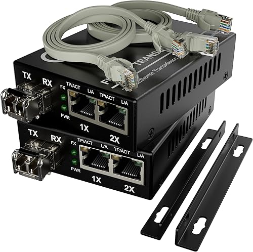 Dual RJ45 Ports – Pair of Fiber Media Converters, Gigabit Ethernet, MM LC 850nm SFP Included – Full Kit with Cables & Mounts – 10/100/1000Base-Tx to 1000Base-SX Multi-Mode Fiber, Up to 550m (1,800 ft) - Poueer