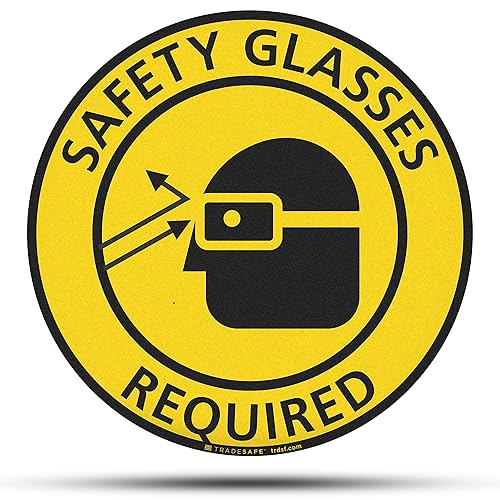 TRADESAFE Safety Glasses Required Anti-Slip Floor Sticker - Eye Protection Required Caution Sign, Peel and Stick Adhesive Vinyl Sign, ANSI-Compliant, 17” Diameter Round Sticker - Poueer