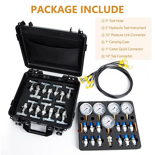 Hydraulic Pressure Test Kit，600bar /8700psi / 60mpa 5 Gauges 14 Tee Connectors 13 Test Couplings 5 Test Hoses, Hydraulic Gauge Kit Sturdy Carrying Case - Poueer