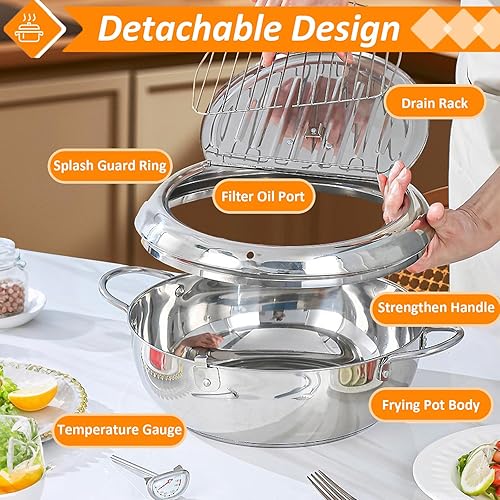 Deep Fryer Pot, 11 Inch 4.2L Stainless Steel Japanese Tempura Frying Pot with Lid, Temperature Control, Oil Drip Drainer Rack for Fried Chicken, Shrimp, French Chips - Poueer