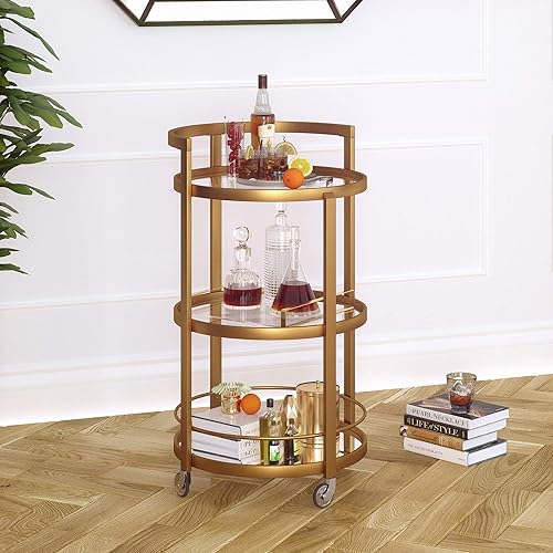 Henn&Hart 21' Wide Round Bar Cart in Satin Nickel, Bar Carts for the Home - Poueer