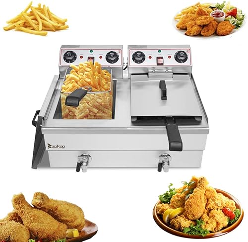 1700W Commercial Stainless Steel Deep Fryer 12.5QT with Oil Drain Faucet, 60-Min Timer & Thermostat Control - 8L Large Capacity for Restaurants/Home Use - Poueer