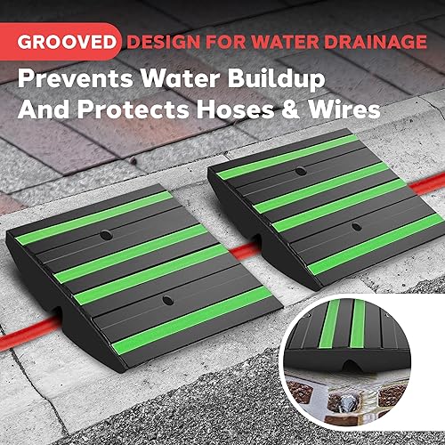 Pyle 1 Ft. Rubber Curb Ramp - Pack of 2 Heavy Duty Non-Slip Threshold Ramps for Driveways & Sidewalks, Yellow Reflective Strips, Marine Grade, Expansion Screws Included, 12.0’’x 16.0’’ x 2.6’’ Inches - Poueer