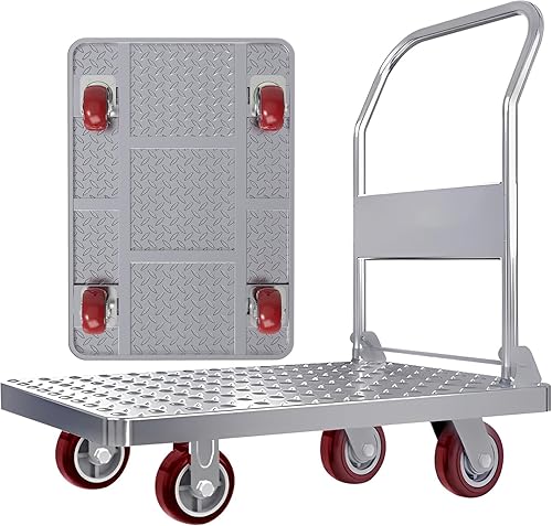 Steel Panel Heavy Platform Truck Dolly Cart with 1900 lbs Capacity, Industrial Platform Truck Cart 35.4×23.6×37Inches Steel Board(Silver Gray-Red Wheel) - Poueer