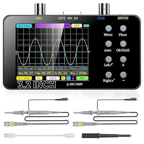 Dual-Channel 50 MSa/s Digital Oscilloscope: 10 MHz Bandwidth 2-in-1 Handheld Oscilloscope & Signal Generator — 3.2' LCD Display Auto/Normal/Single Trigger, Flexible Input Settings - Poueer