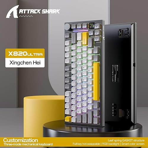 ATTACK SHARK X820ULTRA Wireless Gaming Mechanical Keyboard with TFT Smart Display&Knob,Side Printed PBT,Gasket Mounted 75% TKL Keyboard,BT5.0/2.4GHz/USB-C,RGB Backlit（White Contour,Shark Switch - Poueer