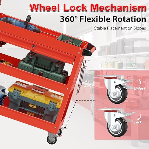 3 Tier Foldable Service Cart with Wheels, Rolling Collapsible Folding Utility Cart for Home, Office, Garage, and Warehouse (Red) - Poueer