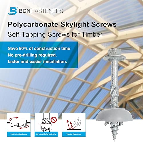Polycarbonate Skylight Screws for Fixing to Wood - Hex Flange Head, Self-Tapping, #12×2'(12-11x50mm), 50pcs - Poueer