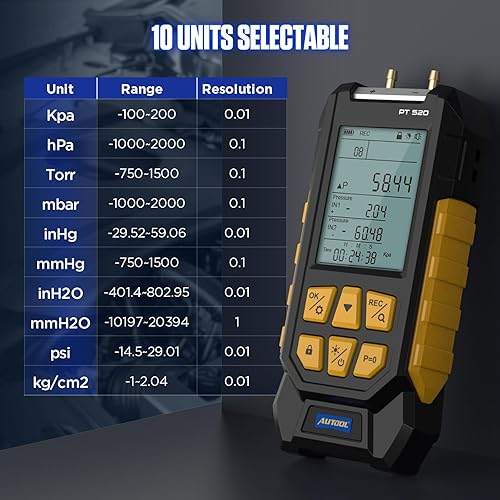 AUTOOL Manometer Gas Pressure Tester,Digital Manometer HVAC,11 Units Differential Dual Port Pressure Gauge -100 to 200Kpa,Data Zeroing with Backlight LCD Display - Poueer