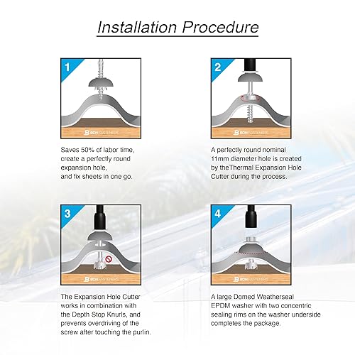 Polycarbonate Skylight Screws for Fixing to Wood - Hex Flange Head, Self-Tapping, #12×2'(12-11x50mm), 50pcs - Poueer