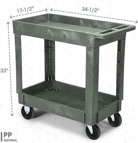 DNA MOTORING 2-Shelf Rolling Utility Cart, 34-1/2x17-1/2x33 Inches, Flat Top 2 Tier Service Carts with Wheels & Storage Handle for Warehouse Garage Hotel School, TOOLS-00570 - Poueer