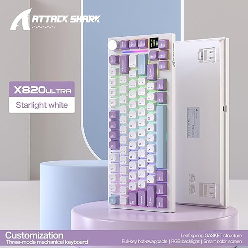ATTACK SHARK X820ULTRA Wireless Gaming Mechanical Keyboard with TFT Smart Display&Knob,Side Printed PBT,Gasket Mounted 75% TKL Keyboard,BT5.0/2.4GHz/USB-C,RGB Backlit（White Contour,Shark Switch - Poueer