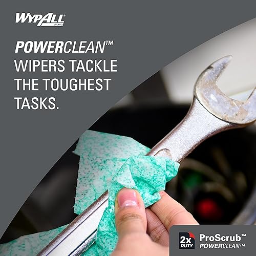 WypAll PowerClean ProScrub Heavy Duty Wet Towels (91371), Dual Action Cleaning, Large 9.5' x 12' Wipes, Bucket Included (6 Containers of 75 Sheets, 450 Sheet Total) - Poueer