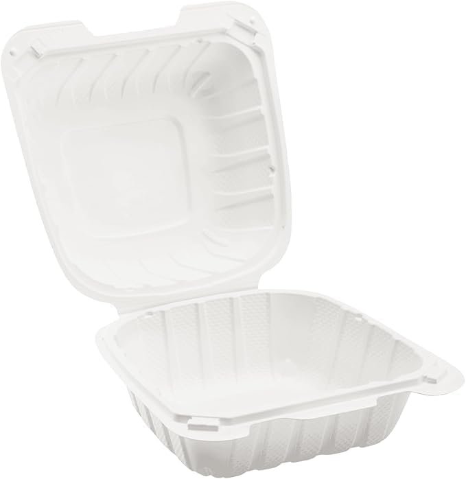 #pp225 6'x6'x3' Mineral Filled PP Hinge Container, 1 Compartment-White, Microwave Safe, Secure Lock Lock, Salad, Rice - Poueer