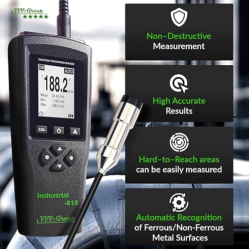 Digital Professional Coating Thickness Gauge Industrial-818 Paint Meter for Fe/NFe with Measuring Range: 0-197 mils | Resolution 0,001 mils - Poueer