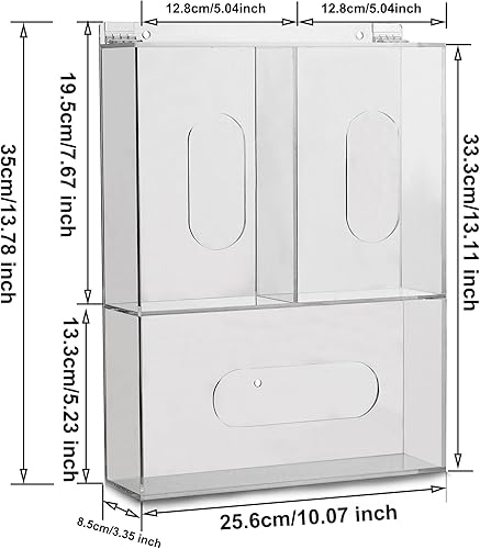 Triple Sanitation Station with Lid - Tabletop or Wall Mounted Acrylic Masks and Gloves Holder Dispenser Hairnet Dispenser with 3 Compartments - Glove Box Holder, Clear - Poueer