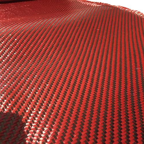 (1 ft -25 ft Rolls) KARBXON - 12 in - Carbon Fiber Aramid Fabric - RED - 3K - 240g/meter - Twill Weave - Advanced Cloth Fabric - Rolled 12” Wide Hemmed Fabric for Repair, Drones, RC & DIY Projects - Poueer