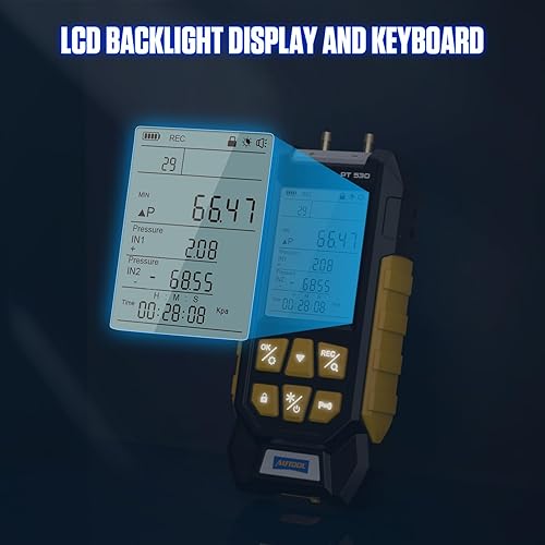 AUTOOL Manometer Gas Pressure Tester,Digital Manometer HVAC,11 Units Differential Dual Port Pressure Gauge -100 to 200Kpa,Data Zeroing with Backlight LCD Display - Poueer