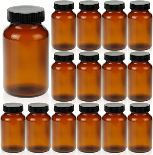 200 ml(6.7 OZ) Amber Glass Wide Mouth Packer Bottle with Black Ribbed Cap, Pack of 24 bottle - Poueer