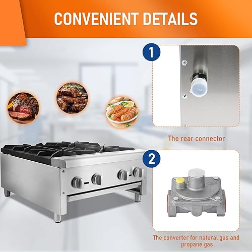 4 Burners Gas Stove, Propane and Natural Gas Commercial Hot Plate, 24' Stainless Steel Wok Countertop Commercial Range, Outdoor Cooker, Restaurant Equipment Gas Stove Burner - Poueer