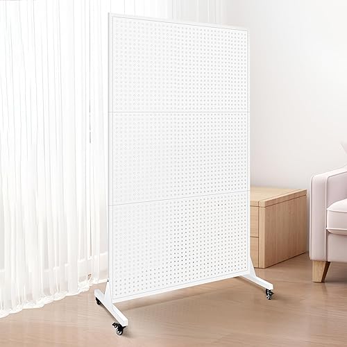 Royxen Metal Pegboard 3.5 x 6 Feet with 50 Hooks, Peg Board Display Stand with Wheels, Standing Pegboard Display, White - Poueer