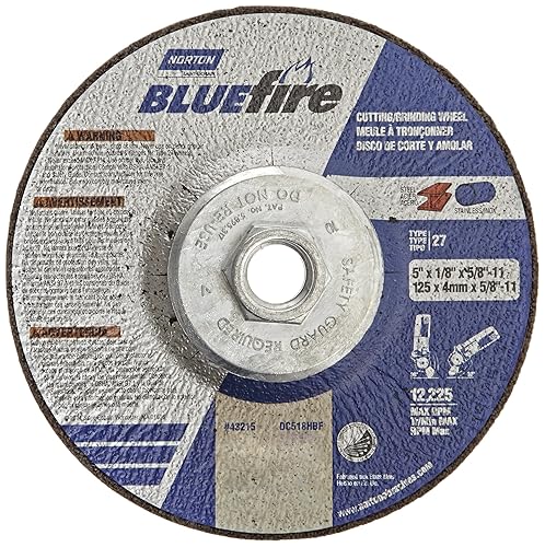 Norton Blue Fire Plus Depressed Center Abrasive Wheel, Type 27, Zirconia Alumina and Aluminum Oxide, 5/8'-11 Hub, 5' Diameter x 1/8' Thickness (Pack of 10) - Poueer