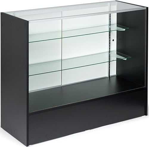 4-foot-long Glass Display Cabinet with Sliding Door, Adjustable Shelves, Ships Unassembled - Anodized Aluminum Extrusions With Black Melamine Panels - Poueer