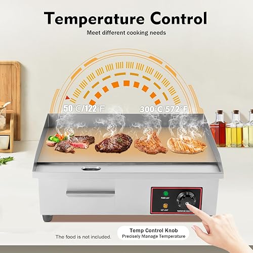 110V 1600W Commercial Electric Countertop Griddle Commercial Grill Griddle Stove Stainless Steel Flat Top Griddle with Adjustable Thermostatic Control for Home, Kitchen, Restaurant - Poueer