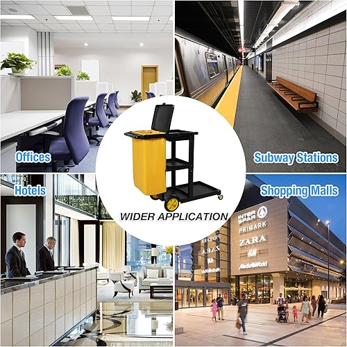 Cleaning Cart on Wheels with 3 Shelves, Commercial Housekeeping Cart- Ideal for Hotels, Business Centers & Apartments, Includes Yellow Garbage Bag & Lid - Poueer