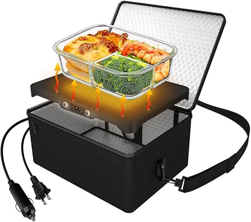 Portable Oven, 12V 24V 110V Car Food Warmer Portable Personal Mini Oven Electric Heated Lunch Box for Meals Reheating & Raw Food Cooking for Road Trip/Camping/Picnic/Family Gathering(Black) - Poueer
