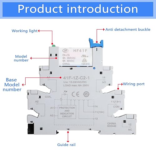 10Pcs Relay Electromagnetic Power Relay Miniature 24V Coil DC/AC Signal PLC HF41F/24-ZS 1NO 1NC 6Amp SPDT Jumper Separator Din Rail Power DC 5 Pin 6A LED Indicator Socket Base DIN - Poueer