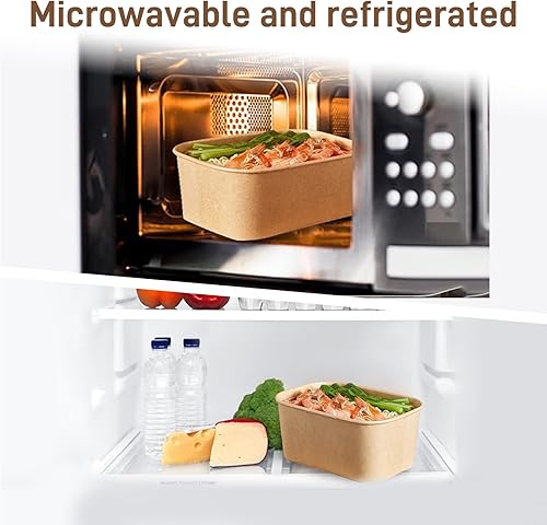 Paper Food Containers with Lids [50 pack] 35 oz Kraft Paper Meal Prep Containers with Lids, Microwavable and Freezer Storage Use Cardboard Food Containers, Disposable Take Out Containers - Poueer