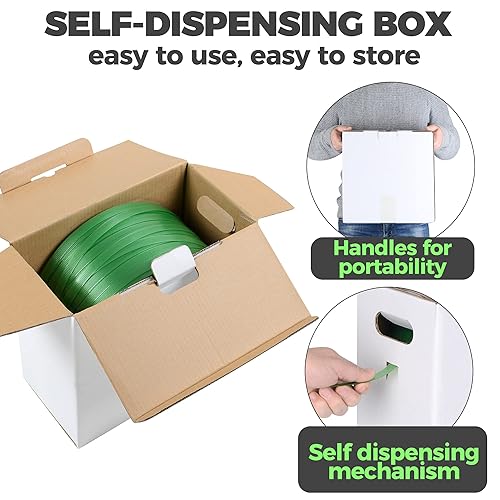 Heavy Duty Packaging Strapping Banding Roll - Green Polyester PET Industrial-Grade, 1000' x 5/8' x 0.035' Pallet Strap Coil - 1400 lbs Break Strength, Rust-Resistant with Self Dispensing Box Kit - Poueer