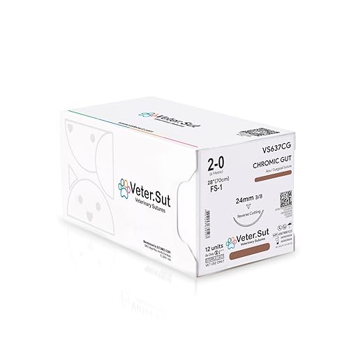 VeterSut CHROMIC Gut Absorbable Surgical Suture USP Size 2-0, (FS-1) 3/8 24mm Reverse Cutting Needle, 28 Inches (70 cm), 12 Count, Veterinary Use - Poueer