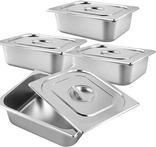 HOIGON 4 Pack 1/2 Size Steam Table Pan with Lids, 4 Inch Deep Stainless Steel Hotel Pan, Anti-Jam Steam Pan Half Size Hotel Pans for Buffet, Restaurants, Catering - Poueer