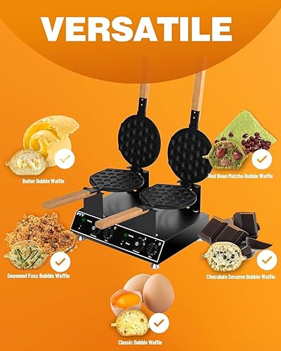 PYY Bubble Waffle Maker - Double 180° Rotate, Non-stick, 1500W, 110V, 50-250℃, Commercial & Home Use, Stainless Steel, Easy Clean - Poueer