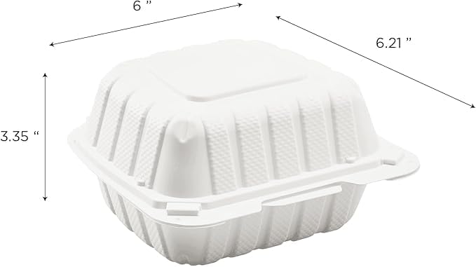 #pp225 6'x6'x3' Mineral Filled PP Hinge Container, 1 Compartment-White, Microwave Safe, Secure Lock Lock, Salad, Rice - Poueer