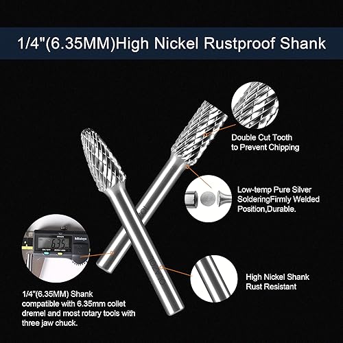Carbide Burr Set 10pcs Die Grinder Bits 1/4'(6.35MM) Shank Double Cut Tungsten Carbide Rotary Burr Compatiable with Most Rotary Tools for Die Grinder Steel Welds Wood Carving Cutting Polishing - Poueer