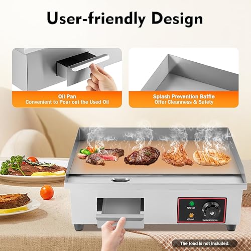 110V 1600W Commercial Electric Countertop Griddle Commercial Grill Griddle Stove Stainless Steel Flat Top Griddle with Adjustable Thermostatic Control for Home, Kitchen, Restaurant - Poueer