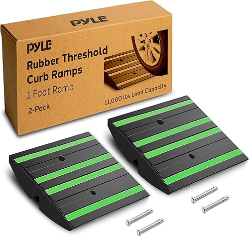 Pyle 1 Ft. Rubber Curb Ramp - Pack of 2 Heavy Duty Non-Slip Threshold Ramps for Driveways & Sidewalks, Yellow Reflective Strips, Marine Grade, Expansion Screws Included, 12.0’’x 16.0’’ x 2.6’’ Inches - Poueer