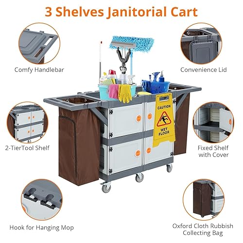 Commercial Janitorial Cart with 4 Cabinet, Hotel Cart Housekeeping Room Service Cart Hand Push Utility Cart with Wheels, Cleaning Cart with Wheels and Large Capacity Vinyl Bag, Housekeeping Carts - Poueer