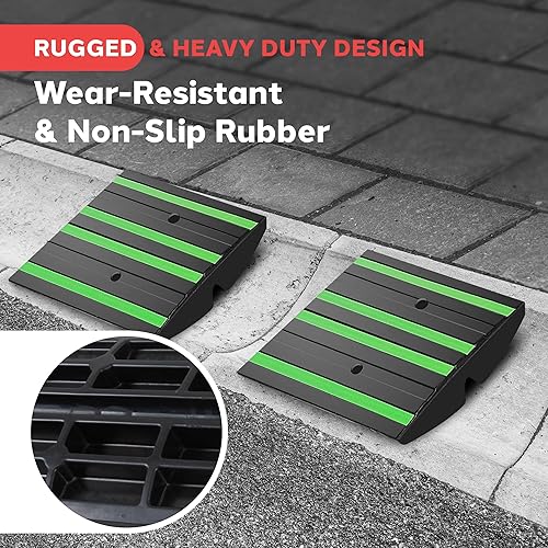 Pyle 1 Ft. Rubber Curb Ramp - Pack of 2 Heavy Duty Non-Slip Threshold Ramps for Driveways & Sidewalks, Yellow Reflective Strips, Marine Grade, Expansion Screws Included, 12.0’’x 16.0’’ x 2.6’’ Inches - Poueer