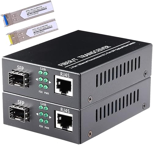 2 Pack Fiber Transceiver, 1.25G/s Bidi Gigabit Single-Mode Fiber Ethernet Media Converter with 2PCS Bidi SFP LC Module Included, 10/100/1000Base-Tx to 1000Base-SX SMF RJ45 to SFP Slot up to 30KM - Poueer