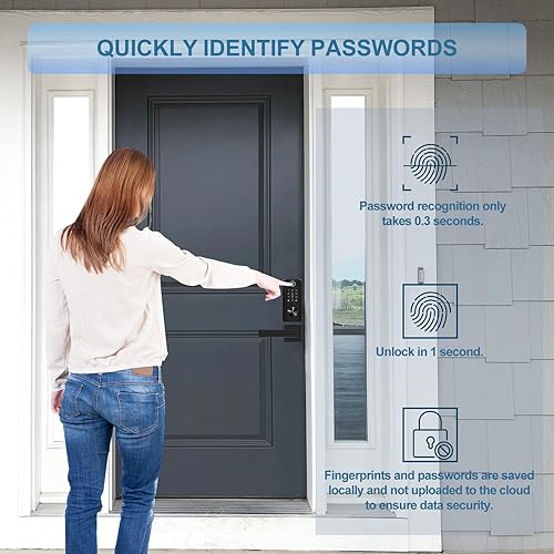 Fingerprint Smart Keypad WiFi keyless Entry Door Lock Set with Lever Handle, Electronic Biometric Front Digital Deadbolt TT Lock Set, Black - Poueer