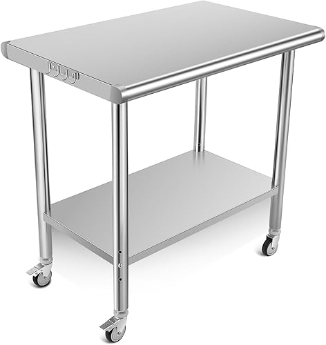PULLAFUN Stainless Steel Table, 36 x 24 inches Kitchen Prep Work Tables, NSF Commercial Worktable with Adjustable Under Shelf for Restaurant Home and Hotel - Poueer