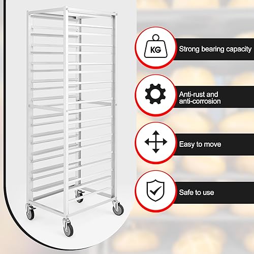 Jinei 20 Tier Aluminum Sheet Pan Rack, Commercial Bakery Rack with Wheels Baking Rack Bun Rack Pizza Pan Rack for Kitchen, Restaurant, Cafeteria, Hotel, Home, 25'' L X19'' W X70'' H - Poueer