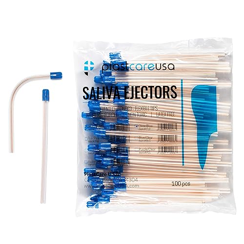 1000 Dental Saliva Ejectors Disposable - Medical Grade Latex Free Evacuation Suction Tips - Flexible Clear Tube with Blue Tip (10 Bags of 100) by PlastCare USA - Poueer