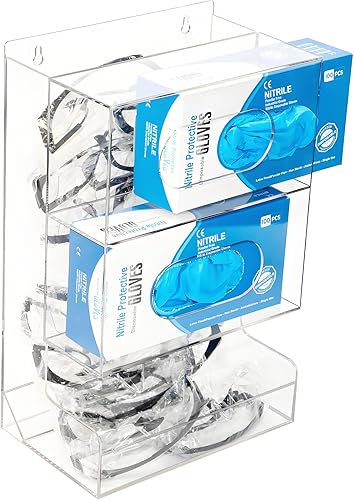Safety Glasses Dispenser Glove Box -2 in 1 Dustproof Acrylic Bin Holder for Protective Eyewear Goggles Used in Industrial, Factory and Lab Settings, Wall Mount or Countertop - Poueer