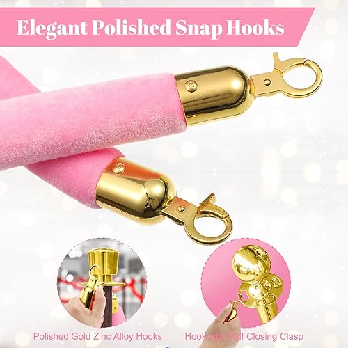 Fumete 6 Pieces Velvet Stanchion Rope Bulk 6.5 Feet Crowd Control Barriers Safety Velvet Rope with Polished Gold Hooks for Graduation Party Openings, Not Include Stanchion Post(Pink) - Poueer